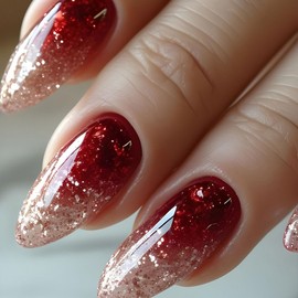 CAEEA Press On Nails Valentine's Day Rhinestone French Ballet Slippers Almond Medium Glossy Flared Acrylic Nails Full Cover Glue-On Nails 24pcs06