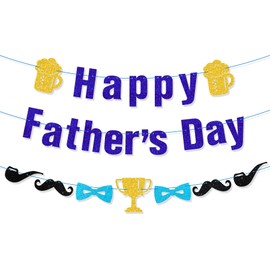 Gifloon Pre-Strung Happy Father’s Day Banner for Dad, Cheers To Fathers Day Party Decorations, Blue Glitter