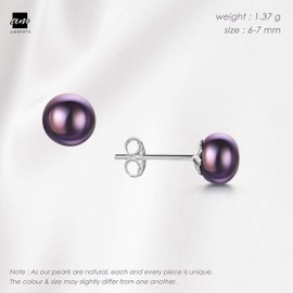 Amberta Women's 925 Sterling Silver Freshwater Pearl Stud Earrings: 6 to 7 mm Dark Pearl