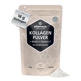 Vitamaze Collagen Pulver (16g) mit Biotin & Vitamin C hochdosiert, Kollagen Hydrolysat Peptide, Geschmacksneutral, Optimale Löslichkeit & Bioverfügbarkeit, Nahrungsergänzung ohne Zusatzstoffe - 480g