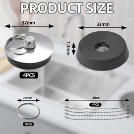 FINEASY 4 PCS Universal Sink Plug, Kitchen Plug for Sink, Sink Plug Replacement, Bath Plug and Chain for Kitchen Sink, Bathroom Sink(Size 1.30-1.45in, Chain 11.8in)