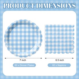 Roshtia 120 Pcs Blue Gingham Paper Plates and Napkins Set, Serves 60, 7" Small Dessert Plates for Boy Baby Shower, 13" Checkered Napkins for Nautical 1st Birthday, Picnic & Tea Party