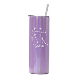 20 oz Skinny Tall Tumbler Stainless Steel Vacuum Insulated Travel Mug Cup With Straw Star Zodiac Horoscope Constellation (Purple Iridescent Glitter) (Gemini)