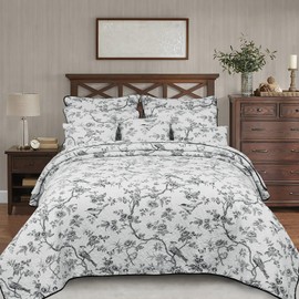 EVENHUG 100% Cotton Quilt Twin Size Black Bird Bedding Set Double Printing Lightweight Quilt Reversible Coverlet Bedspread with Pillow Shams All Seasons 3 Pieces (68"x86")
