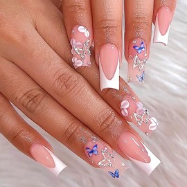 24Pcs French Tip Long Press on Nails Coffin Square Fake Nails with Summer Flower Butterfly Nail Art Designs Full Cover White Nails Tips Acrylic Nails Glossy Glue on French False Nails for Women