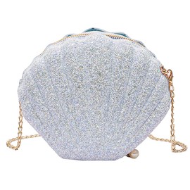 MEGAUK Ladies Seashell Purse Shell Wallet Sequined Shell Shape Chain Shoulder Bag Mini Glitter Party Clutch Pouch White