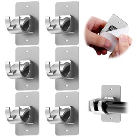 6PCS No Drill Curtain Brackets, Self-Adhesive Rod Holders, Universal Plastic Nail Free Adjustable, Curtain Hooks for Rods Less Than 1.57 Inch Diameter (Sliver)