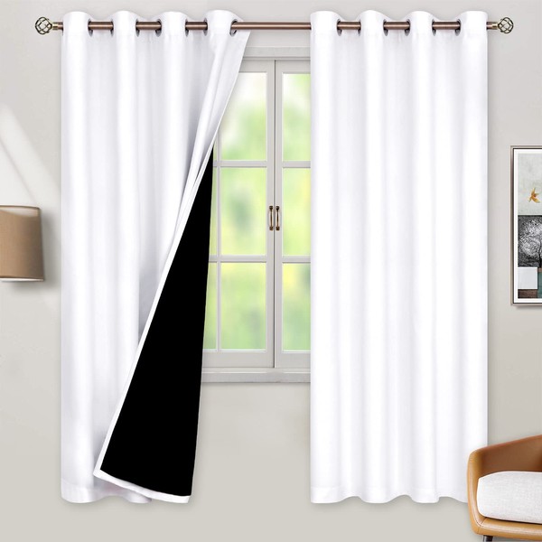 BGment Thermal Insulated 100% Blackout Curtains for Bedroom with Black Liner, Double Layer Full Room Darkening Noise Reducing Grommet Curtain (52 x 72 Inch, Pure White, 2 Panels)