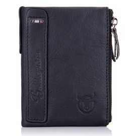 BULLCAPTAIN Genuine Leather Wallet for Men Vintage Bifold with Double Zipper Pockets (Black)