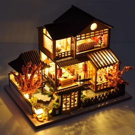 Mini Japanese Style Villa Miniature Wooden Dollhouse,DIY Miniature House Kit Villa Building,3D Model Creative Gifts for Friend and Parents