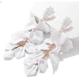 Long Rose Petal Earrings Dangle Exaggerated Flower Drop Statement Floral Tassel Earrings for Women (White, One size)