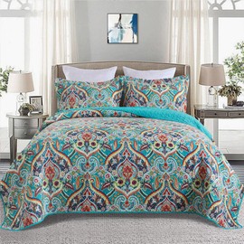 BEDIFANY Cotton Queen Quilt Set - Lightweight Queen Size Quilts Bedding Set for a Comfortable Sleep - Reversible Bedspread Coverlet (90 * 98 in) with Boho Pattern, 3 Pieces