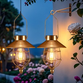 Solar Lanterns Outdoor Hanging Metal Vintage Lantern Warm White Solar Lights lamp Waterproof Edison Bulb Design for Pathway Garden Patio Yard Tree Decoration (2 Pack Copper)