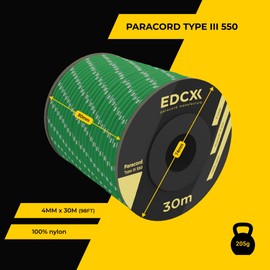 EDCX 4mm Nylon Paracord 550 30m (100 feet) - Type III, 100% Nylon Rope, 7 Strand Rope, 4mm Nylon Rope in Solid Colors (Reflective Green, 30 m)