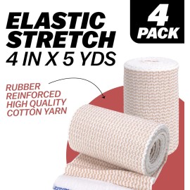 Unbranded Elastic Bandage Wrap, 4 in x 15 ft Stretch, Hook & Loop Reusable, 4 Count
