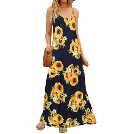 Supnier Maxi Dress Summer Casual Loose Sleeveless Plain Beach Floor Length Floral Dress with Pockets(XL,Sunflower)