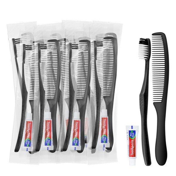 HOIQIRY Black Disposable Toothbrushes with Toothpaste and Comb - Pack