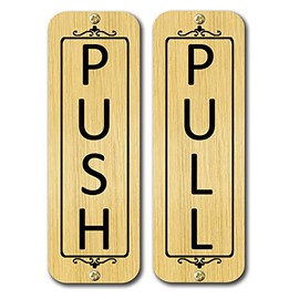 Classic Vertical Push Pull Door Signs (Two Signs) Brass, Metal Signs (Brushed Silver, Gold Brass, Brushed Copper, or Black Finish) (Brushed Brass, 2" x 6")