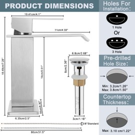 Herogo Brushed Nickel Waterfall Bathroom Faucet for Sink 3 Hole, Stainless Steel Vanity Sink Faucet, Rv Bathroom Tap with 1 Handle, Pop Up Drain, Deck Plate and Supply Hose