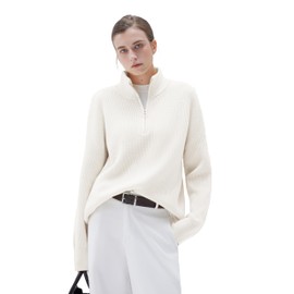 SUUKSESS Women Cashmere Oversized Quarter Zip Pullover Sweater Long Sleeve Collared Ribbed Knit Jumper Tops (White, L)