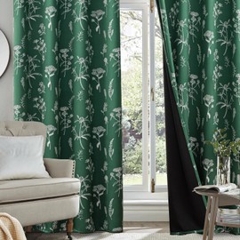 F-CHU Green Blackout Curtains for Bedroom 63 inch Long 2 Panels Botanical Floral Curtains Black Lined Curtains Thermal Insulated Room Darkening Grommet Window Drapes,52Wx63L Green