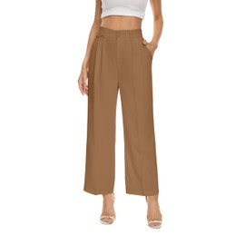FUNYYZO Women Loose Pleated Front Cropped Pants Wide Leg Straight Trousers with Fake Pocket in The Waist Caramel