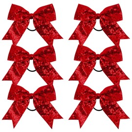 Metallic Sequin and Holographic 6 Inch Cheer Bow Cheerleader Cheerleading Jumbo Cheer Bow Hair Tie Hair Bow School… (Red)