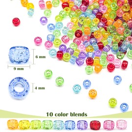 1000+ Pcs Pony Beads Kit, 6x9 mm Mixed Colors Glitter Transparent Plastic Bracelet Pony Beads for Bracelets Making Crafts Hair Braiding DIY Friendship Bracelet