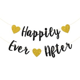 Happily Ever After Banner, Bridal Shower, Engagement, Just Married, Wedding Party Decorations (Black Glitter)