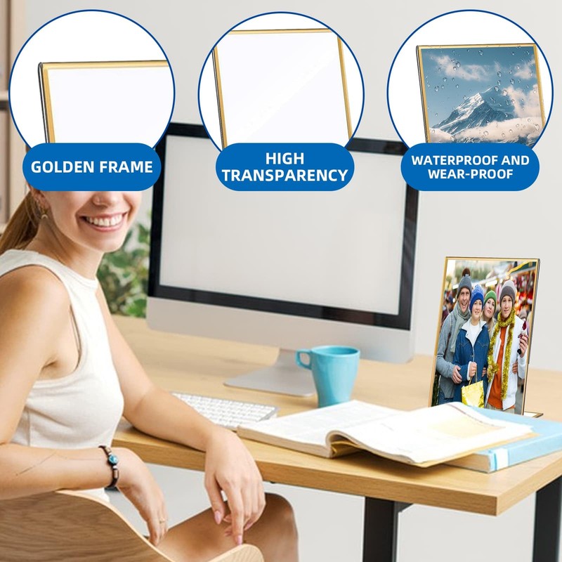 Gold Sign Stand Double-Sided Picture Acrylic Frame 6PCS, A5 Transparent