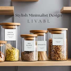 Livabl 420 UK Designed Pantry Labels for Jars - Stylish Minimalist Food Labels Stickers for Jars | Kitchen Organisation - Durable Design for Long-Lasting Use | Includes Tea Coffee Sugar Labels (White)