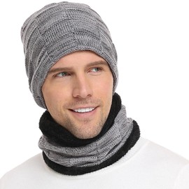 Bequemer Laden Mens Winter Beanie Hats Scarf Set Warm Knit Skull Cap Neck Warmer with Fleece Lined Winter Hat Gifts for Women Men Gray