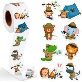 Qeeenar 1 Roll Stickers Decal Reward Cute Office Supplies Incentives Animals Sticker Halloween Party Favor, 500 Pcs Each Roll(Camping Animal)