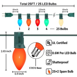 Christmas Decorations - C7 LED Christmas Lights Outdoor, 25Ft Vintage Christmas Lights Multicolor LED Christmas Tree Lights Shatterproof with 25+2 Bulbs for Christmas Tree Home Yard Decor, 0.6W