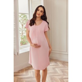 Ekouaer Nursing Nightown Labor and Delivery Gown for Hospital Pleated Breastfeeding Dress for Women Short Sleeve Maternity Sleepwear Pink L