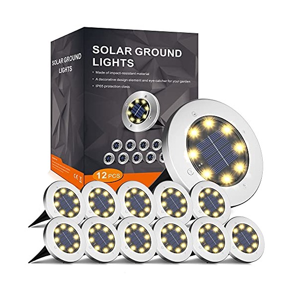 INCX Solar Ground Lights, 8 LED Garden Lights Solar Powered,Disk Lights Waterproof In-Ground Outdoor Landscape Lighting for Patio Pathway Lawn Yard Deck Driveway Walkway,Warm White 12 Packs