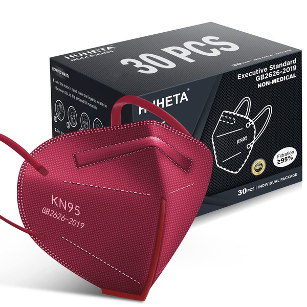 HUHETA KN95 Face Mask, 30 Pack Individually Wrapped, 5-Ply Breathable & Comfortable Safety Mask, Filter Efficiency=95%, Protective Cup Dust Masks Against PM2.5 (Red)