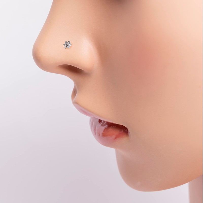 Demira Natural 1.2MM Diamond 14K Gold Flower Design Nose Pin,