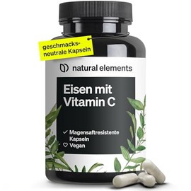 natural elements Iron 20 mg (from iron bisglycinate) per capsule - with 42 mg natural vitamin C - vegan, neutral in taste - 180 capsules - premium raw material: FerrochelTM (iron chelate)