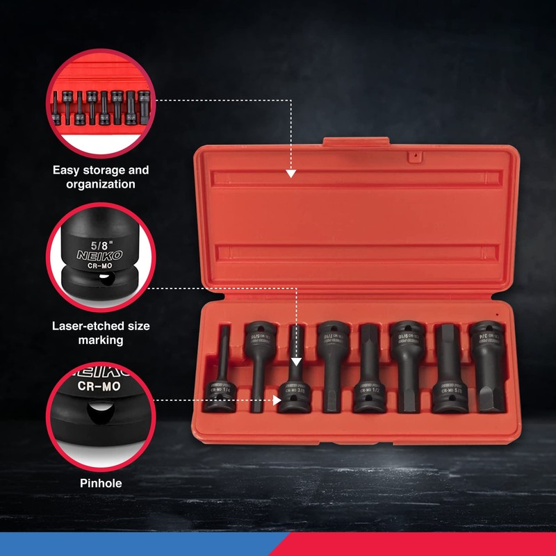 NEIKO 01137B 1/2-Inch-Drive Allen Socket Set, 3-Inch Length, 1/2-Inch Impact