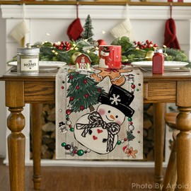 Artoid Mode Wood Snowman Gingerbread Xmas Pine Merry Christmas Table Runner, Seasonal Winter Kitchen Dining Table Decoration for Home Party Decor 13x72 Inch