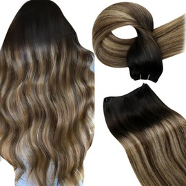 Hetto Weft Hair Extensions Human Hair 18 Inch Sew in Real Extensions Human Hair for Women Ombre Black to Brown with Blonde Highlights 100g