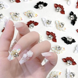 10pcs Flower Nail Charms Three-Dimensional Colorful Flower Nail Decor with Rhinestone Designs - Perfect for Women Girls Nail Accessories Black White Red Laser Colors Nail Art Charms