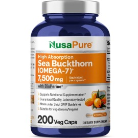 NusaPure Sea Buckthorn (Omega 7) 7500mg 200 Veggie Powder Caps - Extract 30:1, Non-GMO