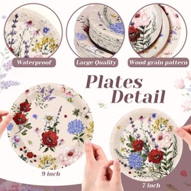 Pickmesh 60 Pcs Wildflower Paper Plates 9 in and 7 in Disposable Floral Dinner Plates Watercolor Spring Flower Dessert Party Dinnerware for Tea Party Birthday Baby Shower Bridal Shower(Elegant)