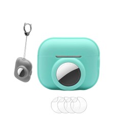 Carrying Case for Airtag for AirPods Pro (2nd Generation),2 in 1 Protective Skin Case for Item Finder Tracker with Keychain,with 4 Pack Screen Protector, Mint Green