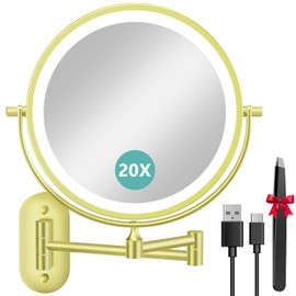 1X/20X Wall Mounted Makeup Mirror with Light, 8" Rechargeable Double-Sided Magnifying Mirror, Vanity Mirror Dimmable 3 Color Light, 360° Extension Rotation Foldable 14.5 Inch Arm for Bathroom