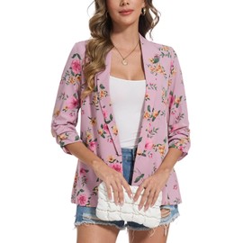 MINTLIMIT Chiffon Blazers for Women Business Casual Ruched 3/4 Sleeve Lapel Button Lightweight Shawl Collar Blazer Suit Jacket(Floral Pink, XL)