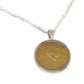 Solid Silver Plated Pendant 1955 Lucky Farthing 70th Birthday plus a Sterling Silver 18in Chain 70th birthday gifts for women SLV