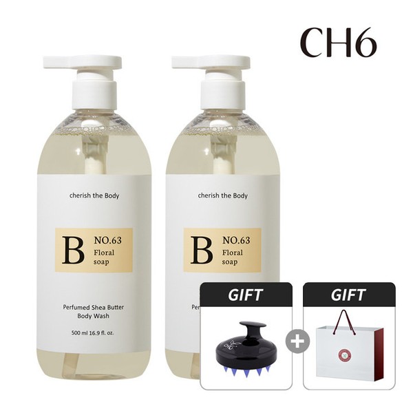 CH6 Perfumed Shea Butter Body Wash 500ml x 2 (+ Shampoo Brush &amp; Shopping Bag) Floral Soap